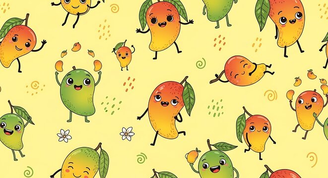 Cartoon mango characters pattern on yellow background seamless design