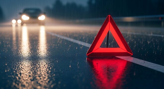 Red emergency warning triangle on a wet asphalt road during a heavy rainstorm at night