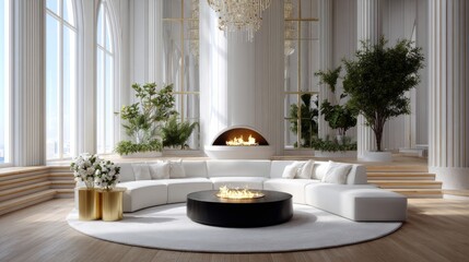 Naklejka premium A stylish living room showcases a circular white sofa surrounding a sleek black coffee table
