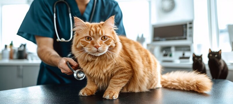 Curious maine coon examined by veterinarian, domestic cats in veterinary clinic, veterinary care.
