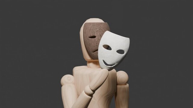 Wooden mannequin with emotional masks, sadness and fake smile concept