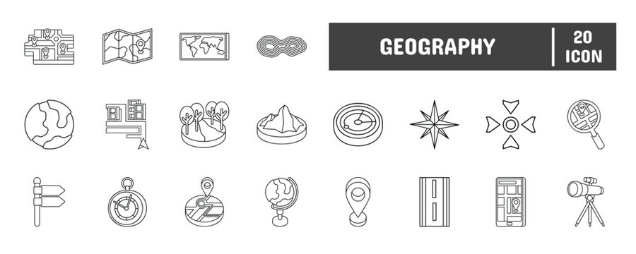 20 Geography Line Icon Illustration Set