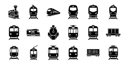 Train icon set railway transportation silhouettes locomotive subway vector isolated on white background © Sifat