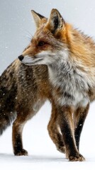Fototapeta premium A graceful fox strides through a blanket of fresh snow, showcasing its vibrant fur against the winter backdrop. Snowflakes gently fall, adding to the tranquil scene