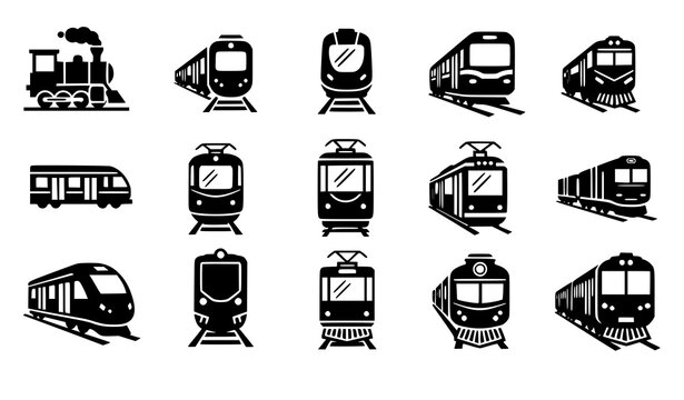Railway train silhouette collection metro tram cargo transport vector isolated on white