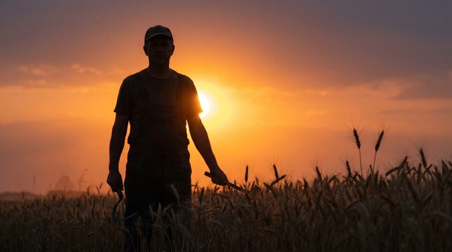Silhouette of a male farmer standing in a golden wheat field with a sickle at sunset, agricultural harvest concept