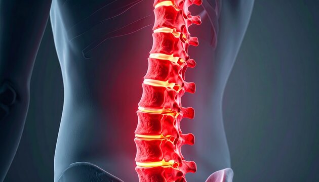A human spine highlighted in red, symbolizing lower back pain, spinal injury, and musculoskeletal health issues.