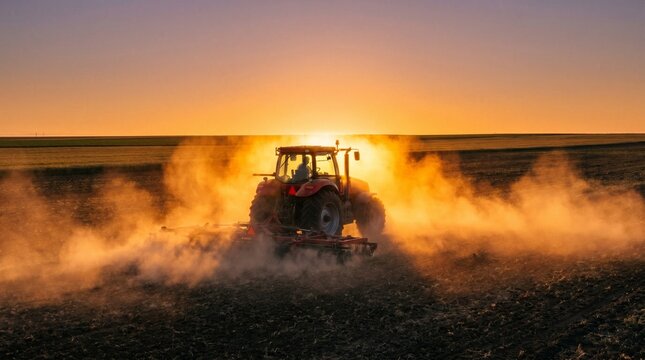 Cinematic view of red tractor cultivating agricultural land at sunset with backlit golden dust clouds
