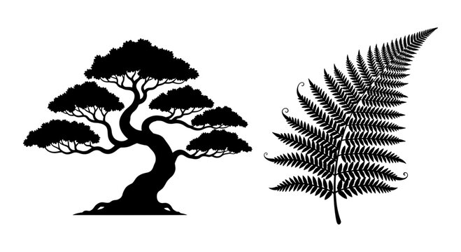 Black tree, fern leaf silhouettes, vector icons, minimalist nature symbols, botanical illustrations