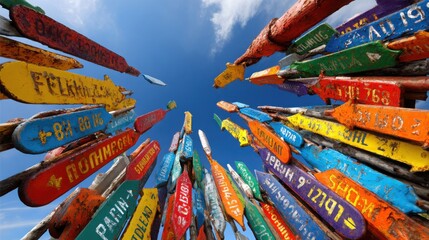 Fototapeta premium Collection of Weathered Wooden Signs Pointing in Various Directions Against a Blue Sky