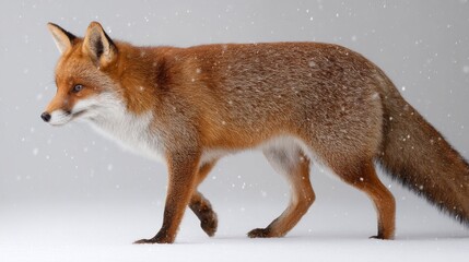 Fototapeta premium A magnificent red fox walks with poise across a snowy landscape. Light snowflakes drift down, creating a serene atmosphere. The fox's fur shines vibrantly against the glistening white background