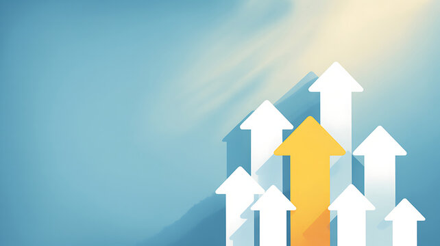 A group of white and one yellow arrow pointing upwards on a blue background with sun rays shining down