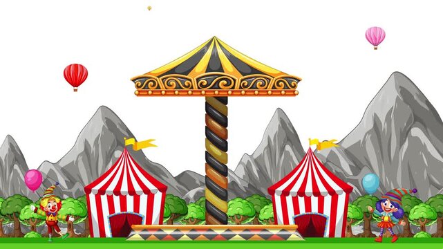 Animated Cartoon Carnival Carousel with Horses and Hot Air Balloons