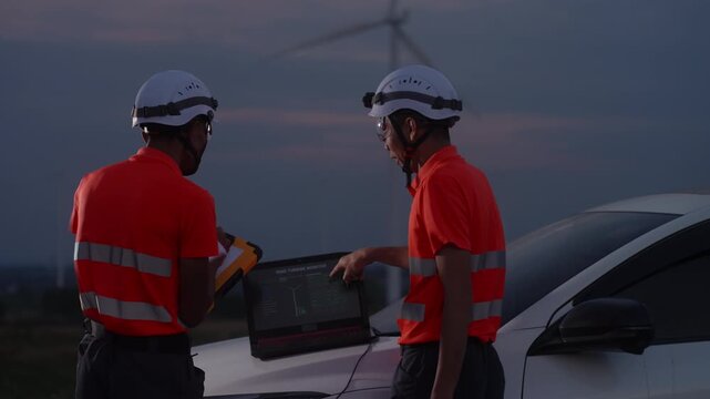 Asian engineers analyzing wind turbine data on a laptop at an evening renewable energy site, representing digital monitoring, clean energy operations, and teamwork in sustainable engineering.