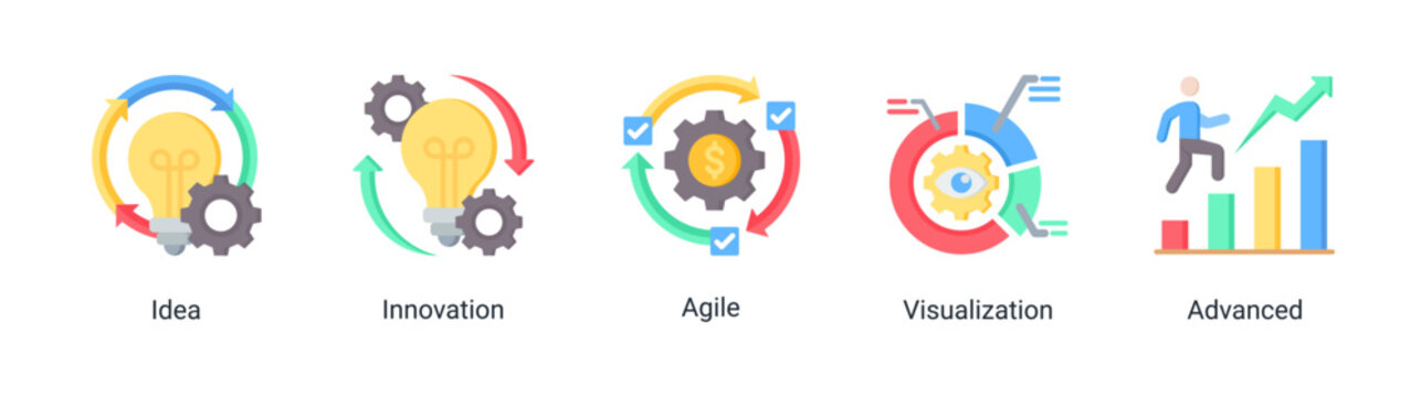 Kaizen innovation icon set featuring ideas,agile methods,and creative development concepts.Creative icon set representing innovation,and agile workflow for modern business and startup projects.