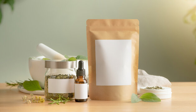 Herbal medicine products on a wooden table with mortar and pestle