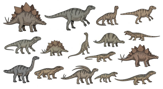 Collection of various dinosaur species depicted in illustration style.