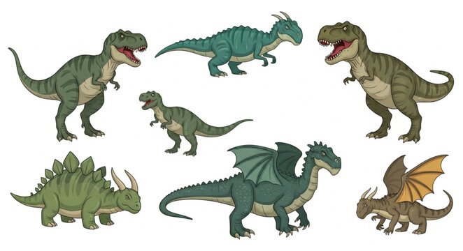 Collection of various prehistoric dinosaur creatures and mythical dragons.