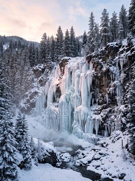 Frozen Waterfall in Snowy Pine Forest at Sunset