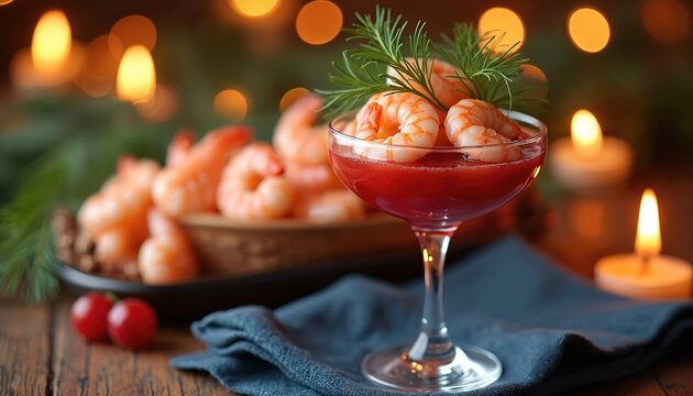 Shrimp cocktail appetizer in a glass garnished with dill. Festive holiday table setting with burning candles and bokeh lights. Delicious seafood starter.