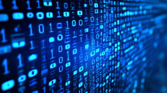 Futuristic binary code on a digital screen displaying complex computing data and numeral systems