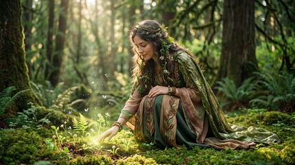 Fototapete Mädchenzimmer Forest spirit woman nurturing plant growth with magic  © edojob
