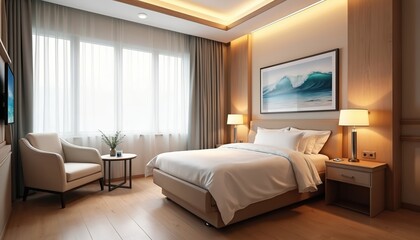 Fototapeta premium Modern hotel room private hospital suite features comfortable bed, armchair, large window. Soft warm lighting creates serene ambience for rest, recovery. Interior design blends calm tones with