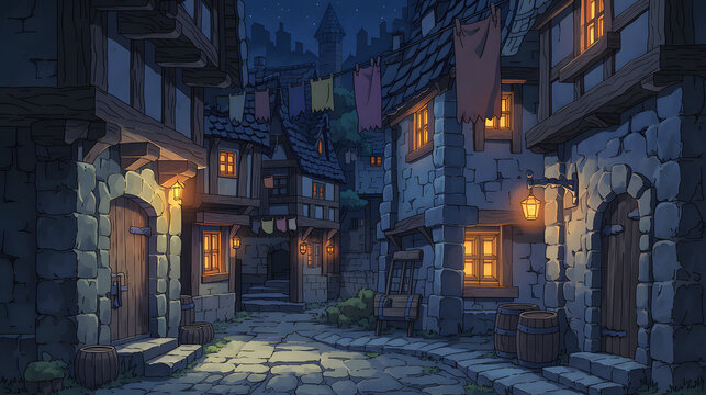 A Charming Medieval Village at Night: Explore the Beautiful Architecture, Warm Lantern Glow, and Quaint Cobblestone Streets of This Enchanting Historic Setting.
