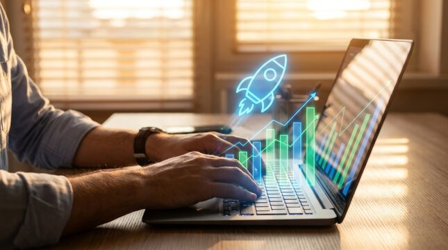Businessperson Using Laptop with Digital Rocket and Graphs Showing Growth in Modern Office