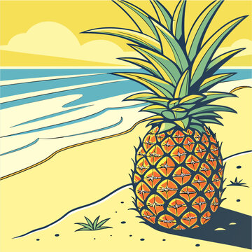 Pineapple on the beach illustration vector of tropical pineapple fruit, fresh ripe juicy healthy sweet, isolated nature food dessert organic yellow green