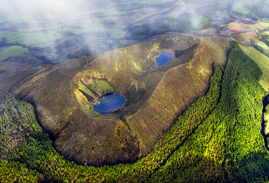 Landscape Panorama drone picture from Volcano to the rainforest with lake and wood, Azores, San Miguel, Portugal