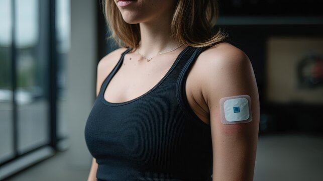 Woman wearing a black tank top with a medical patch on her upper arm for health monitoring purposes indoors