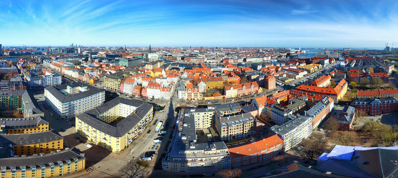 Aerial View of Prinsessegade Street in Copenhagen, Denmark, from the top of The Church of our Saviour in Christianshavn