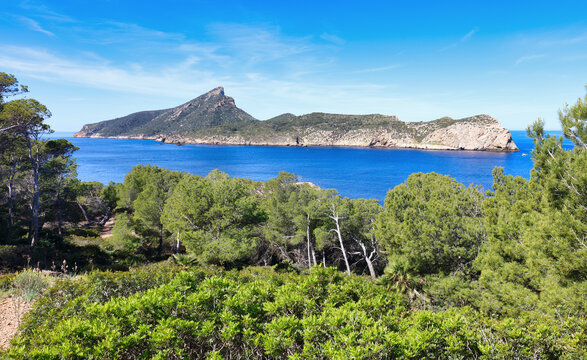 La Trapa trail and Dragonera islet with blue sea and green forest, Andratx, Mallorca, Balearic Islands, Spain