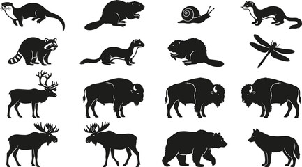 Wild animal silhouette illustration collection featuring otter, beaver, snail, weasel, raccoon, dragonfly, elk, bison, moose, bear, wolf, nature vector design © MD AMINUR