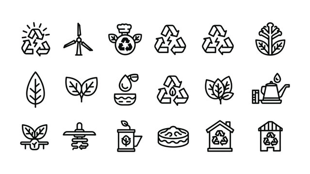 Sustainable Icons: A collection of meticulously crafted, minimalistic icons, each one a visual testament to the ethos of environmental consciousness and ecological balance, all rendered in a clean.
