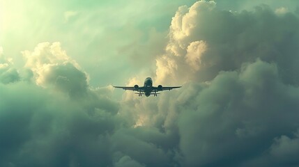 Fototapeta premium Airplane flying through dramatic clouds during sunset with warm toned lighting and a serene sky background