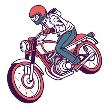 Motorbike rider jumping in air with vintage bike.