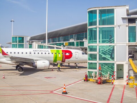 TAP Express Air Portugal aircraft at Francisco S&aacute; Carneiro Airport terminal in Porto Portugal, concept of summer vacation in Europe, 9th April 2026, Portugal, Porto