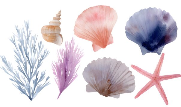 a set of hand drawn watercolour clipart illustrations of under the sea, ocean, featuring a shells, coral, seaweed and starfish.