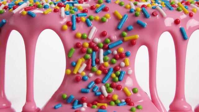 Pink icing dripping with colorful sprinkles on white background