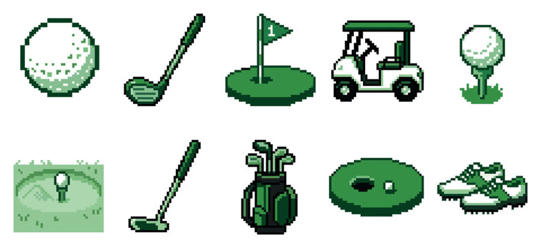 A collection of pixelated golf-themed icons in various shades of green, featuring balls, clubs, a golf cart, and shoes, perfect for retro gaming or sporty designs.
