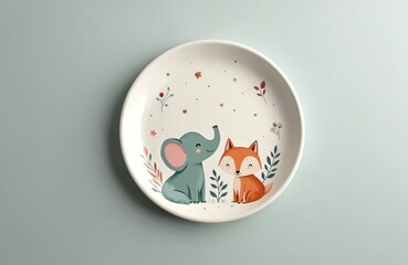 Fototapeta premium Cute ceramic plate with elephant and fox illustrations. Adorable animal design for kids meals. Perfect for baby shower, toddler gift, or nursery decor.