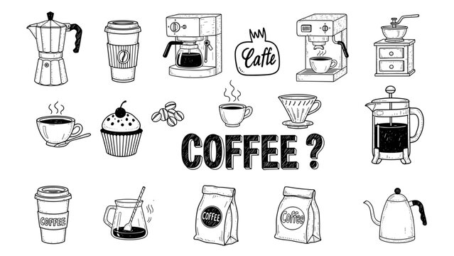 Coffee maker machine, Grinder, coffee bean, Coffee jar, packet of coffee, Cup icon logo flat vector design