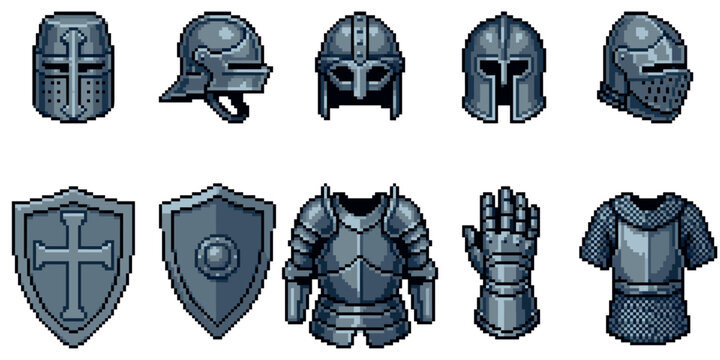 A collection of pixel art knight armor pieces including helmets, shields, chest plates, gauntlets, and chainmail.