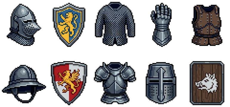 A collection of pixel art medieval armor pieces and shields, featuring helmets, chainmail, gauntlets, breastplates, and various shield designs.
