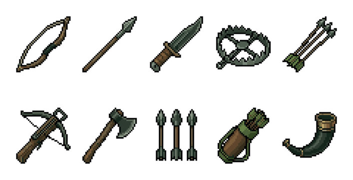 A collection of pixel art icons featuring hunting and combat weapons like bows, arrows, axes, knives, crossbows, and animal traps on a white background.