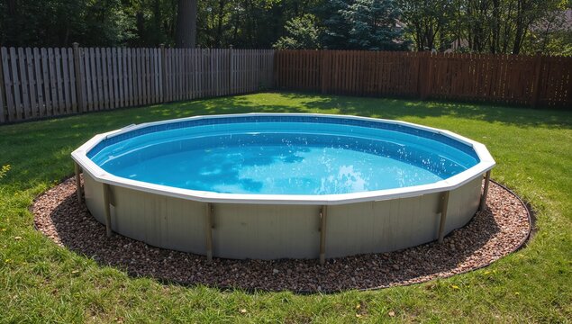 Outdoor round swimming pool setup in private backyard garden with wooden fence and landscaped grass area representing home leisure and summer relaxation concept