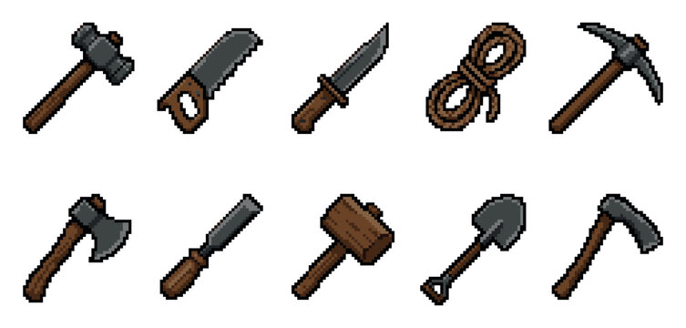 A collection of pixel art tools including hammers, saws, knives, rope, pickaxes, axes, chisels, and shovels, rendered with a retro aesthetic.