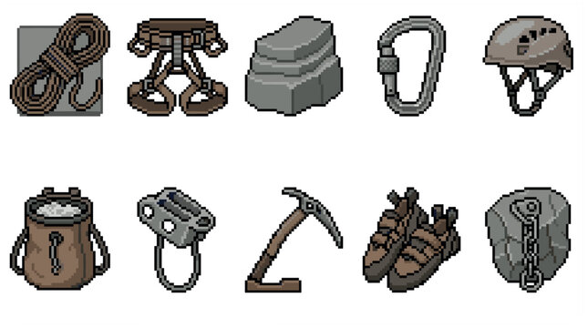 A collection of pixel art climbing equipment, including a rope, harness, helmet, carabiner, chalk bag, belay device, ice axe, climbing shoes, and rock, ideal for adventure and outdoor themes.